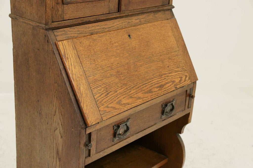 Art Nouveau Leaded Glass Bureau Bookcase With Slanted Front 3