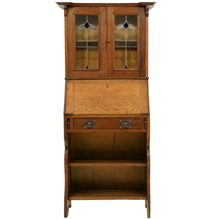 Art Nouveau Leaded Glass Bureau Bookcase With Slanted Front