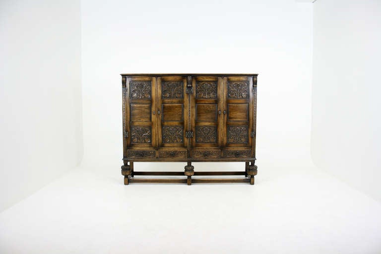 Antique Scottish Carved Oak 4-Door Cabinet, Pantry, Linen Cupboard 3