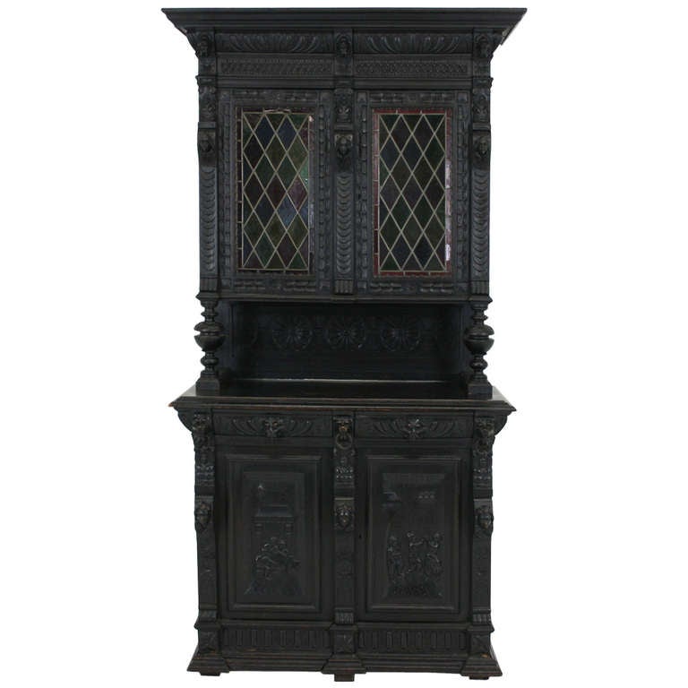 Antique French Heavily Carved Oak Bookcase Stained Glass 1880