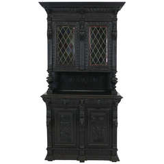 Antique French Heavily Carved Oak Bookcase Cabinet, Stained Glass ~1880~