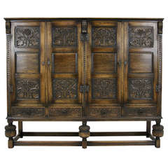 Antique Scottish Carved Oak 4-Door Cabinet, Pantry, Linen Cupboard