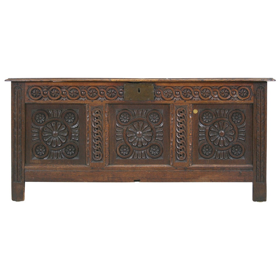 Antique Scottish 17th Century Carved Oak Coffer, Trunk or Blanket Box
