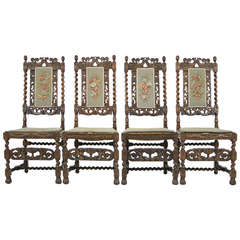Set of Four Antique Scottish Heavily Carved Walnut Barley Twist Dining Chairs