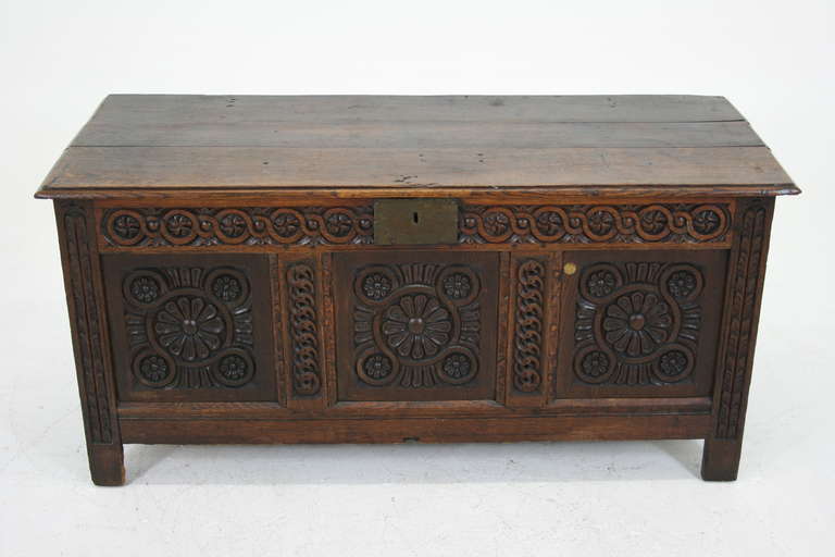 - Now $1750
- Scotland, 1690
- Carved front + sides
- Solid oak 
- Original finish 
- Fitted interior
- Nice color 
- 54