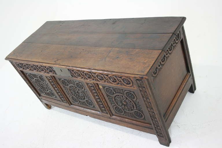 18th Century and Earlier Antique Scottish 17th Century Carved Oak Coffer, Trunk or Blanket Box