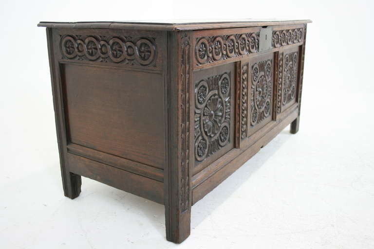 Antique Scottish 17th Century Carved Oak Coffer, Trunk or Blanket Box 1