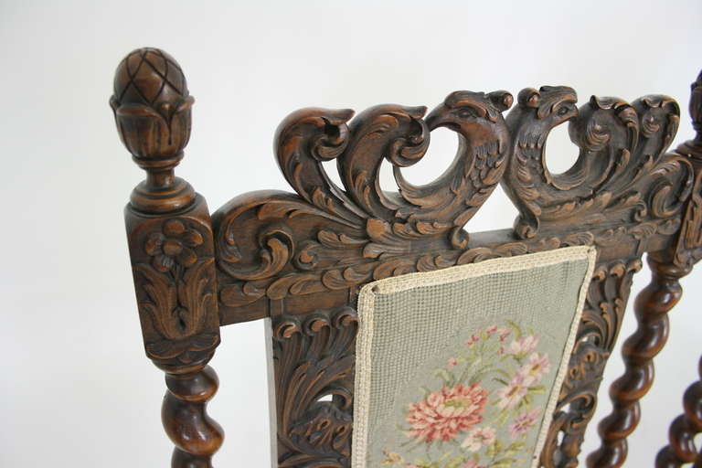 Set of Four Antique Scottish Heavily Carved Walnut Barley Twist Dining Chairs In Excellent Condition In Vancouver, BC