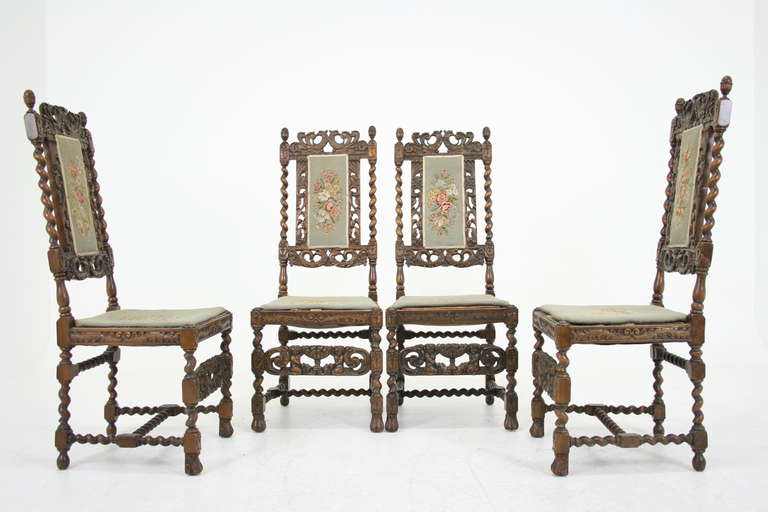 Set of Four Antique Scottish Heavily Carved Walnut Barley Twist Dining Chairs 5