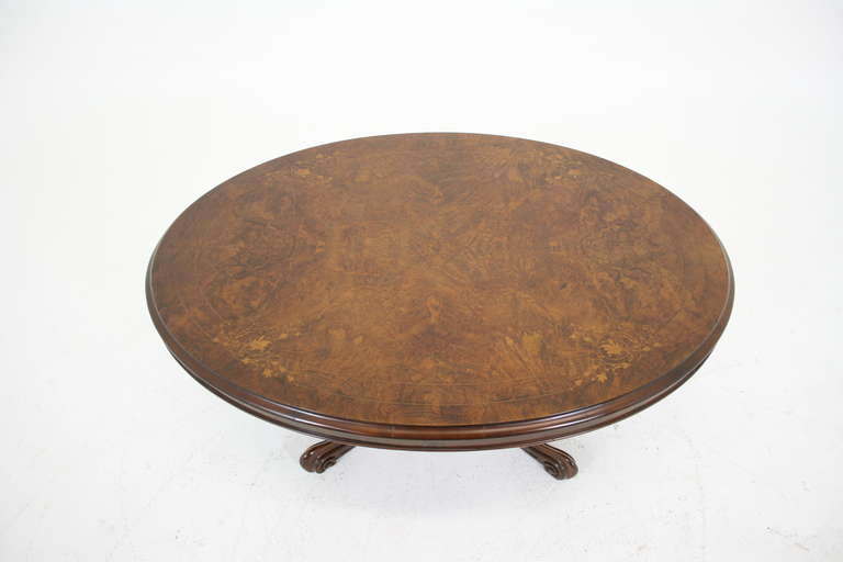 Antique Scottish Victorian Oval Inlaid Walnut Coffee Table, circa 1880 1