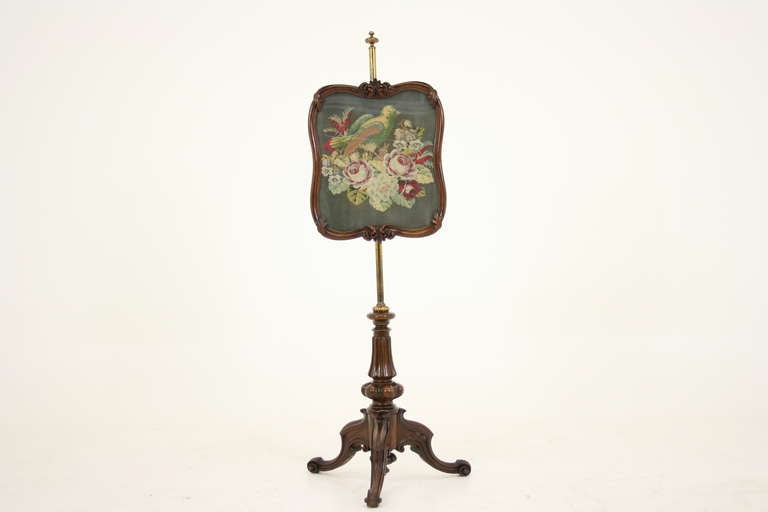 - $1250
- Scotland, 1860
- Solid rosewood
- Original finish 
- Needlepoint screen w/ birds & flowers
- Adjustable screen on brass pole
- Carved spiral tripod base
- Carved feet
- Wonderful quality 
- 19