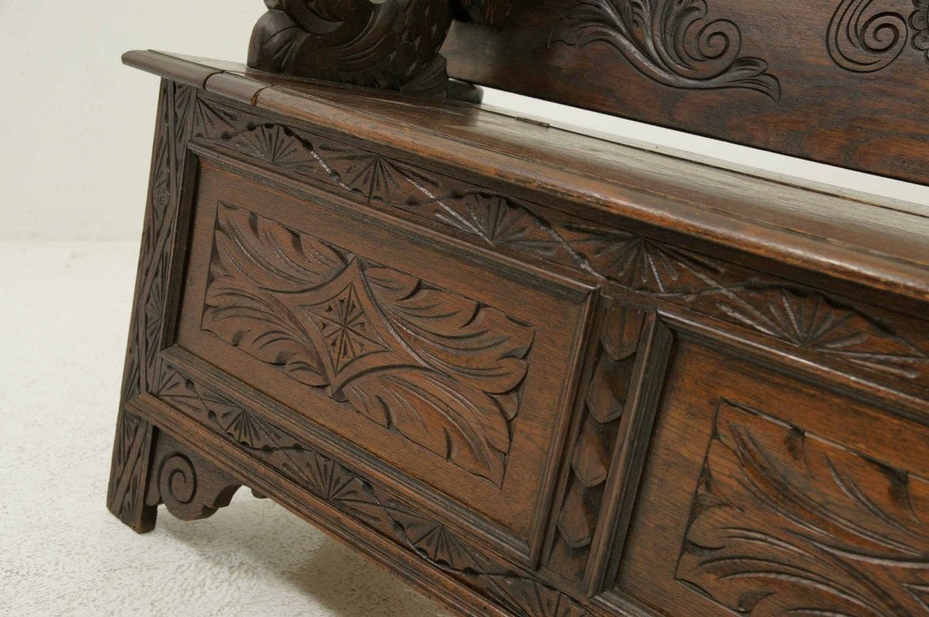Carved Oak Monks Bench, Hall Bench