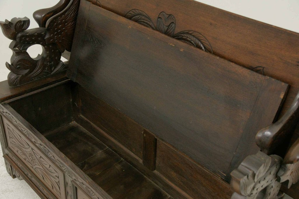 20th Century Carved Oak Monks Bench, Hall Bench
