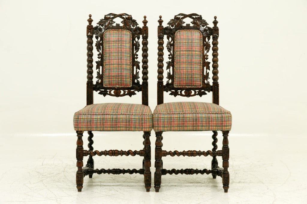 Pair Carved Oak Barley Twist Hall Chairs 4