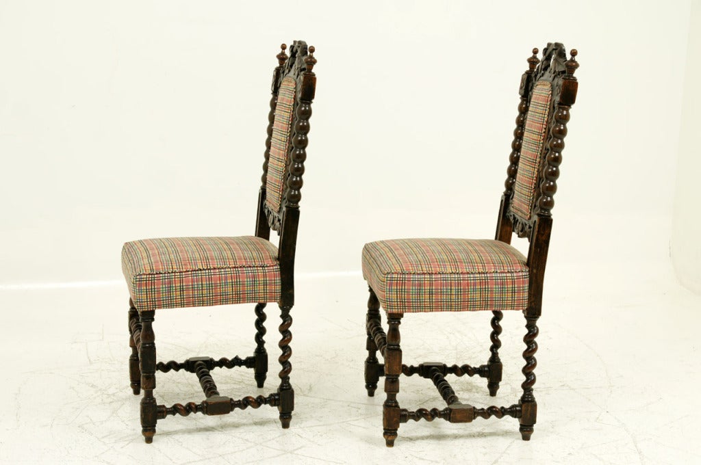 Scottish Pair Carved Oak Barley Twist Hall Chairs