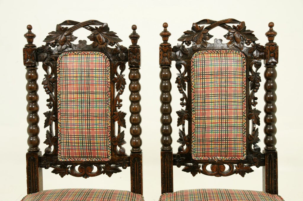 18th Century and Earlier Pair Carved Oak Barley Twist Hall Chairs