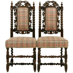 Pair Carved Oak Barley Twist Hall Chairs