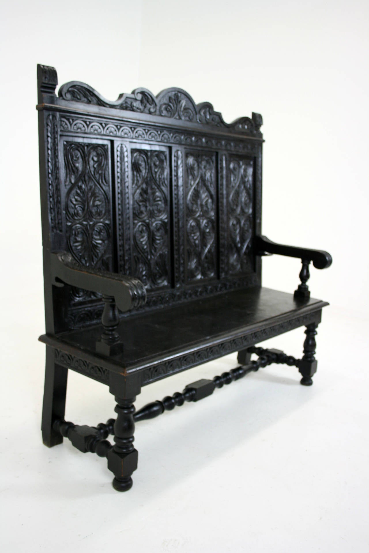 Gothic Revival Antique Scottish Victorian Heavily Carved Oak Hall Bench or Settee, 1870
