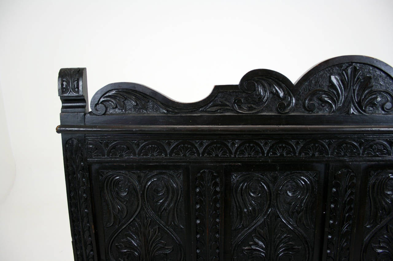 Late 19th Century Antique Scottish Victorian Heavily Carved Oak Hall Bench or Settee, 1870