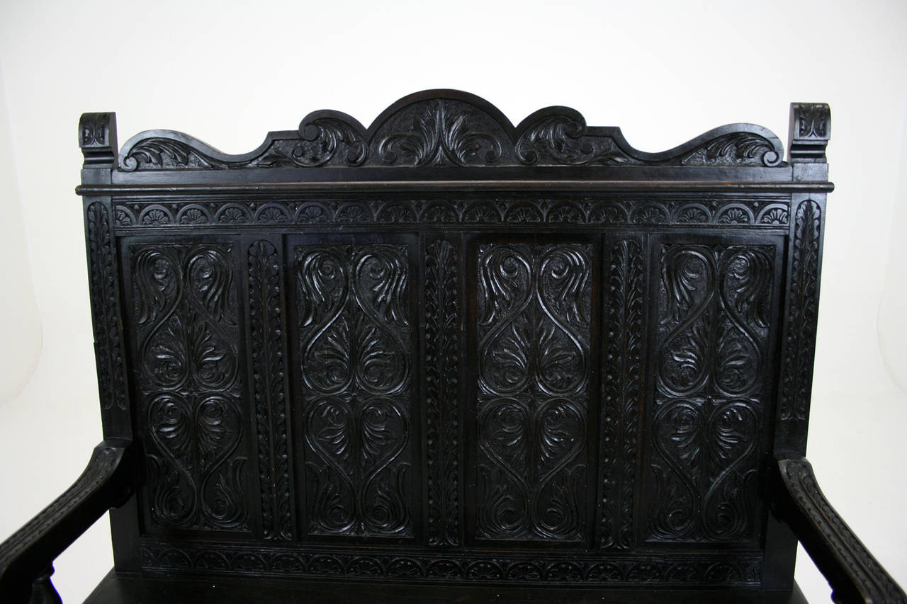 Antique Scottish Victorian Heavily Carved Oak Hall Bench or Settee, 1870 1