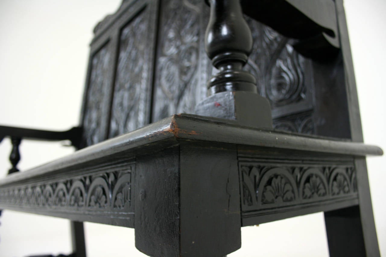 Antique Scottish Victorian Heavily Carved Oak Hall Bench or Settee, 1870 4