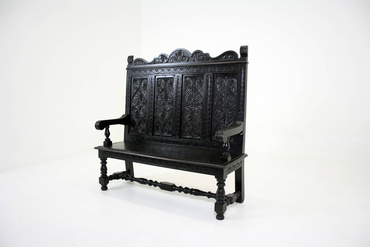 Antique Scottish Victorian Heavily Carved Oak Hall Bench or Settee, 1870 5