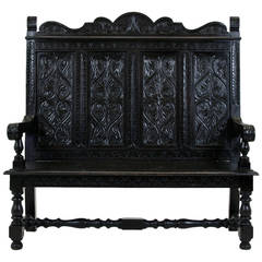Antique Scottish Victorian Heavily Carved Oak Hall Bench or Settee, 1870