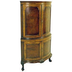 Antique Scottish Burled Walnut Mirror Back Cocktail Corner Cabinet