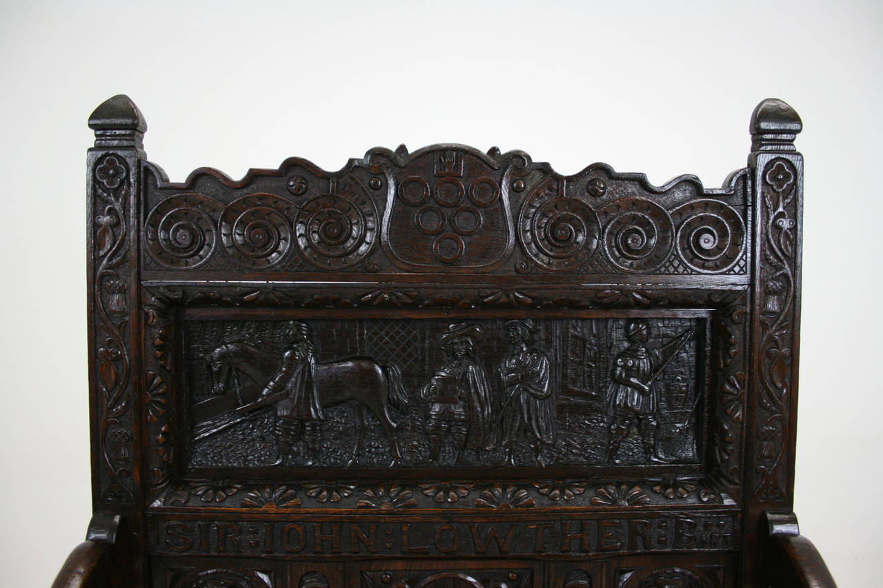 Gothic Antique English 18th Century Carved Oak Box Settle Hall Bench