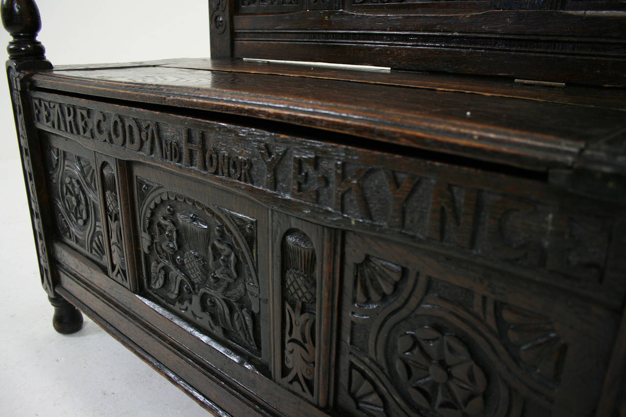 18th Century and Earlier Antique English 18th Century Carved Oak Box Settle Hall Bench