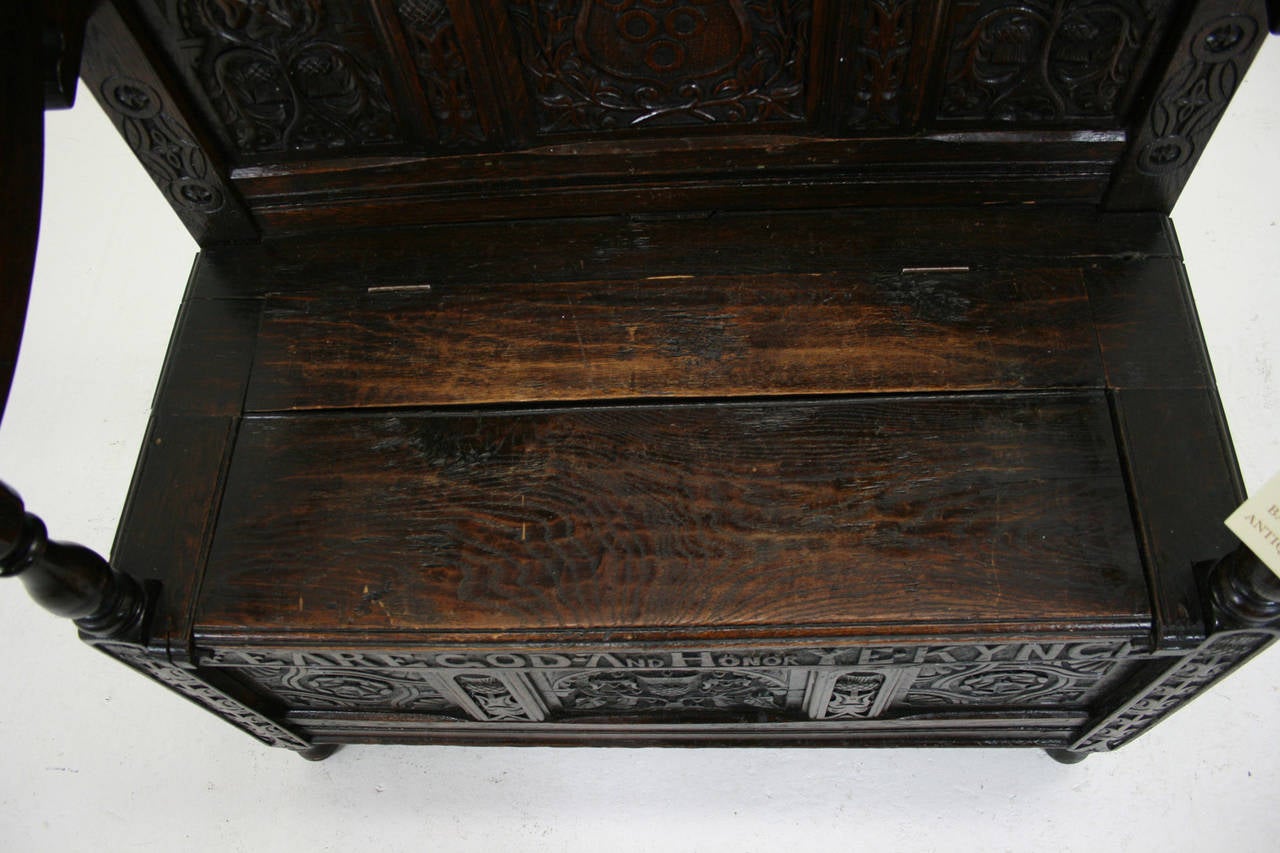 Antique English 18th Century Carved Oak Box Settle Hall Bench 1