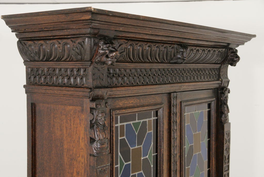 Victorian Carved Oak Bookcase With Stain Glass 3