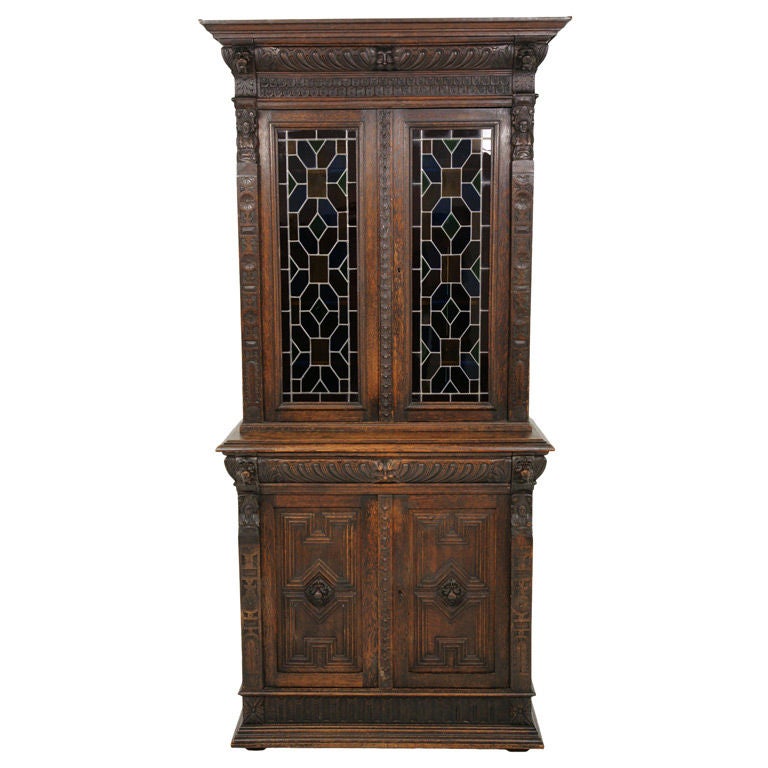 Victorian Carved Oak Bookcase With Stain Glass