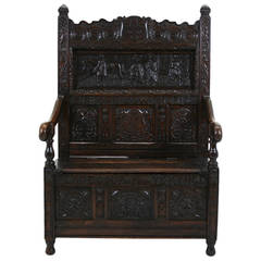 Used English 18th Century Carved Oak Box Settle Hall Bench