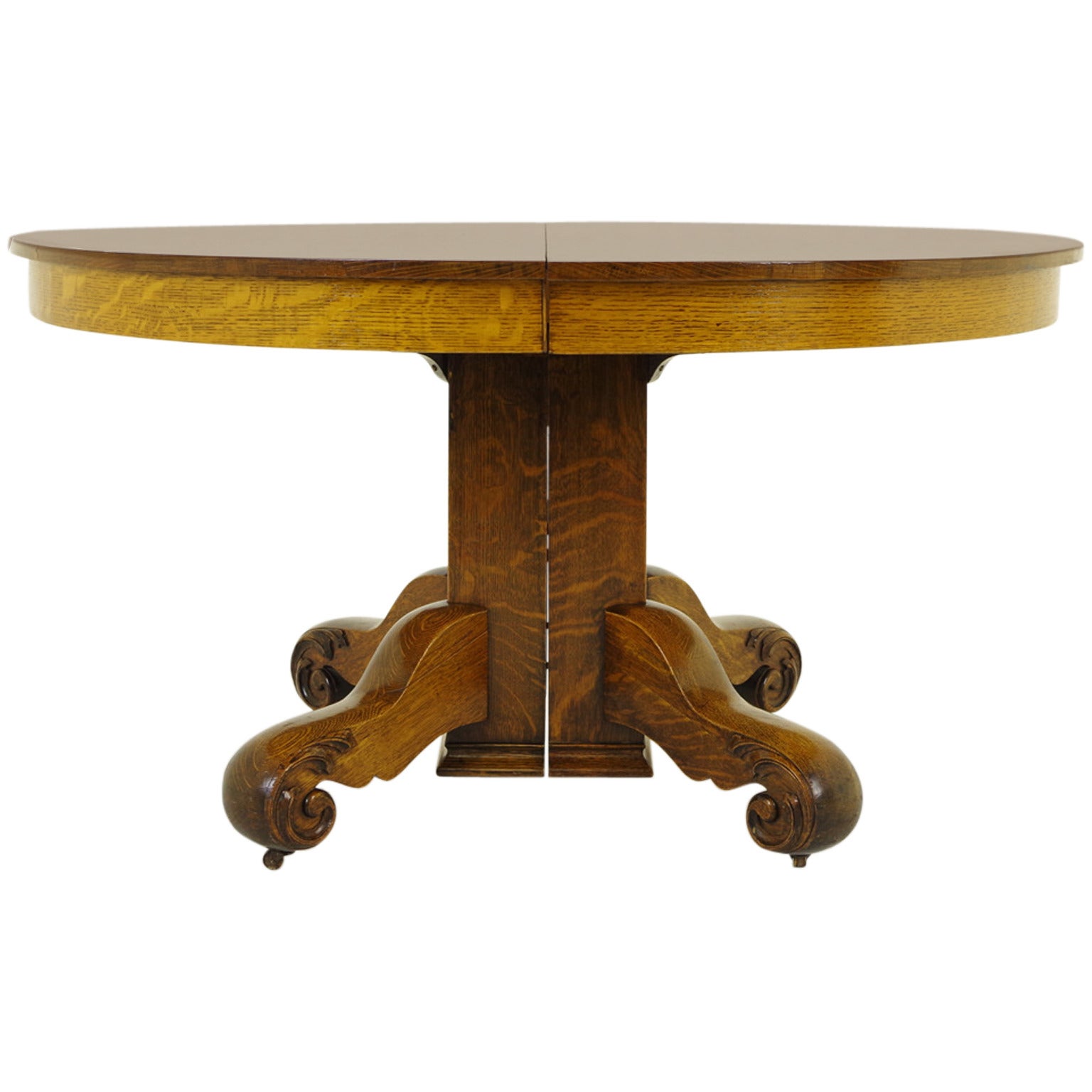 Round Oak Split Pedestal Dining Table with Four Leaves, 1910