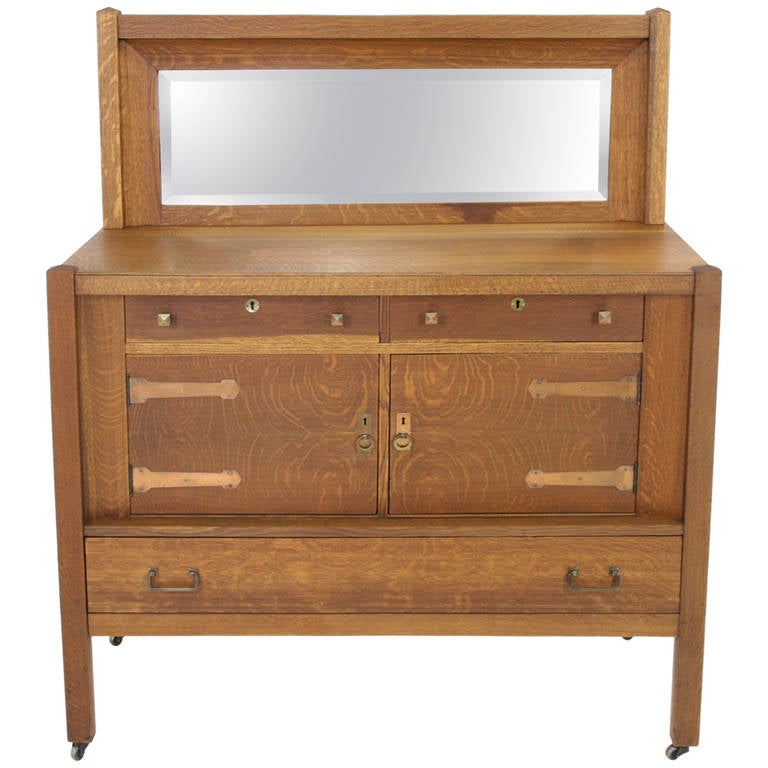 Arts and Crafts Mission Oak Buffet or Sideboard with Bevelled Mirror at