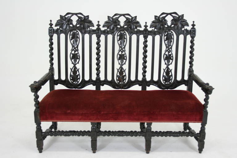 - $2450.
 - French, 19th century.
 - Original dark oak finish.
 - Very thick barley twist supports.
 - High carved open back.
 - Carved dragon head arm rests.
 - Upholstered seat.
 - All joints are tight. 
 - 64