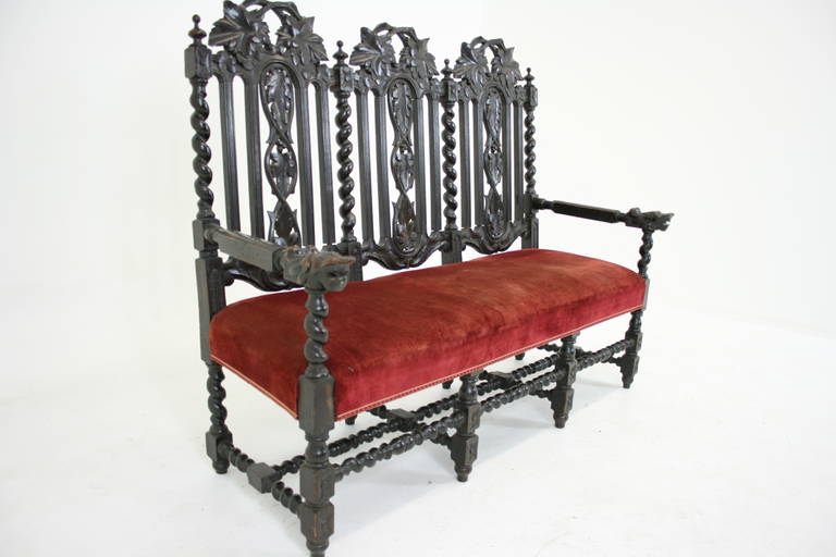 19th Century Antique French Renaissance Carved Oak Barley Twist Bench or Settee or Sofa