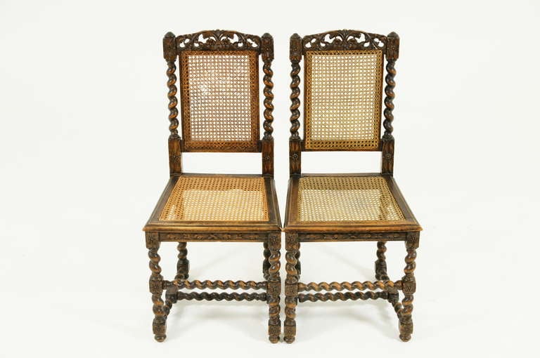 Scottish Pair Antique Walnut Barley Twist Hall Chairs
