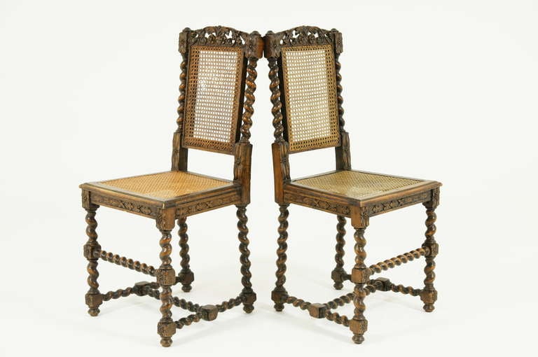 Pair Antique Walnut Barley Twist Hall Chairs 3