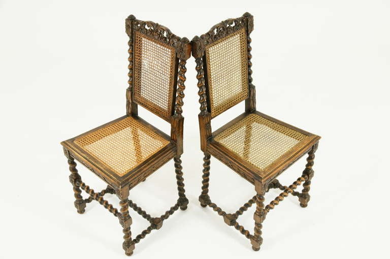 Pair Antique Walnut Barley Twist Hall Chairs 4