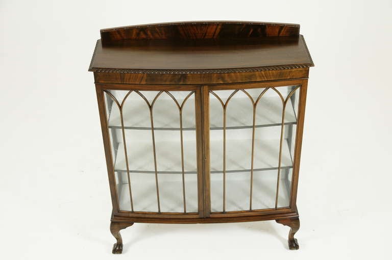 A very nice Mahogany two-door bow-front China / Display Cabinet of rectangular design with carved ledge back, two astragal doors enclosing three wooden shelves ending on ball and claw feet.