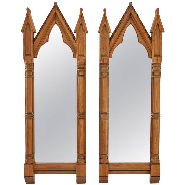Pair of Large Antique Scottish Solid Pitch Pine Church Mirrors, 1880s