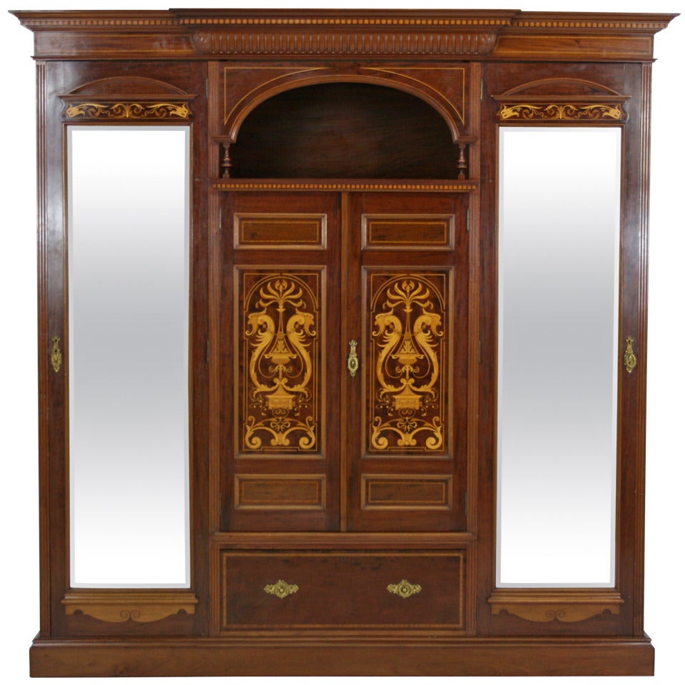 Antique English Neoclassical Inlaid Mahogany Armoire or Wardrobe, 1890