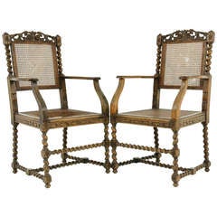 Pair of Victorian Walnut Barley Twist Arm / Throne Chairs