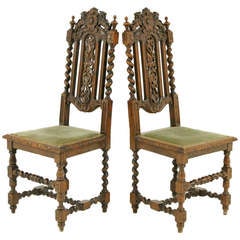 Antique Pair of Victorian Barley Twist Oak Hall Chairs