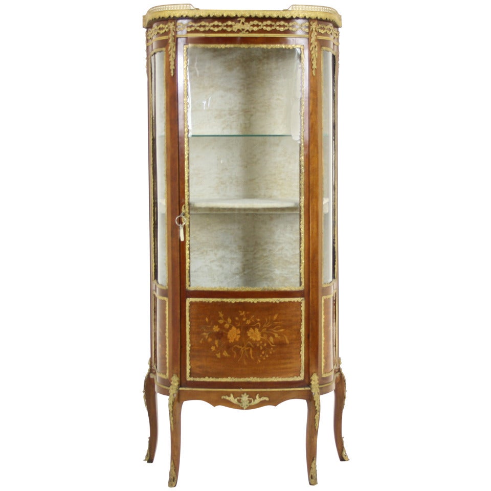 Vitrine ancienne française en marqueterie d'orfèvrerie:: porcelaine:: meuble de rangement