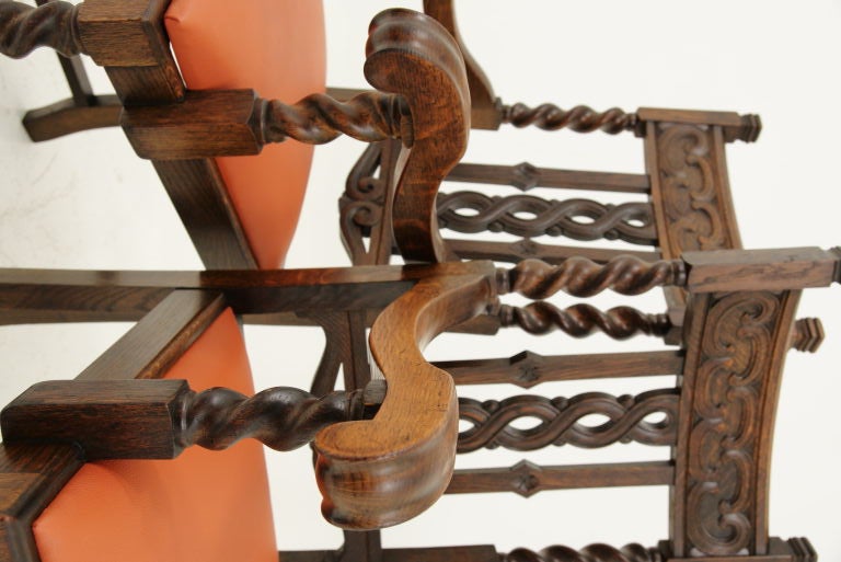 Scottish Carved Oak Barley Twist Arm Chairs