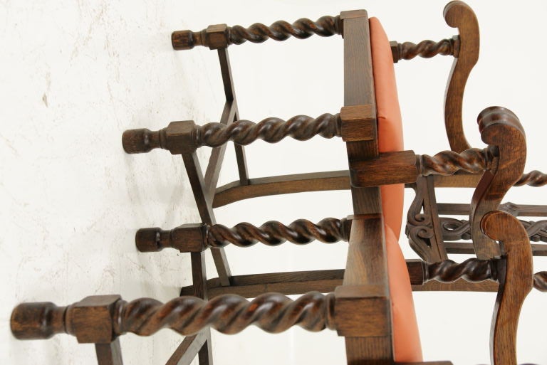 20th Century Carved Oak Barley Twist Arm Chairs