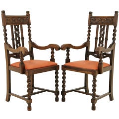 Antique Carved Oak Barley Twist Arm Chairs